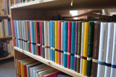 Eine Reihe von Büchern im Regal in verschiedenen Farben