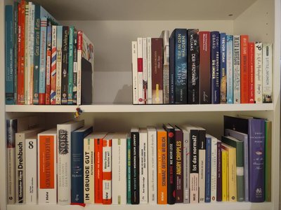 Beispielfoto für Buchspenden: Frontale Ansicht von Büchern im Regal. Die einzelnen Titel auf den Buchrücken sind zu erkennen.