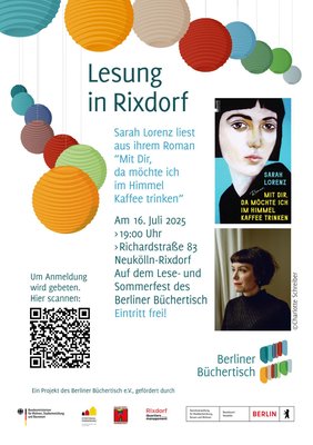 Poster zur Lesung beim Lesefest 2025 "Mit dir, da möchte ich im Himmel Kaffee trinken" mit der Autorin Sarah Lorenz